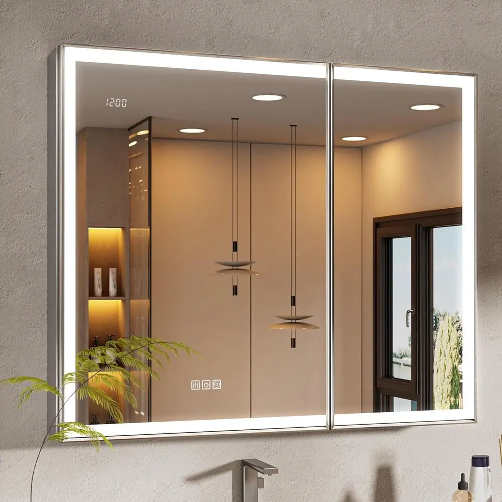 30x36 Inch LED-Illuminated Medicine Cabinet with Mirror, Brushed Nickel Finish, Dimmer, Outlet, Time Display, and Sensor Light