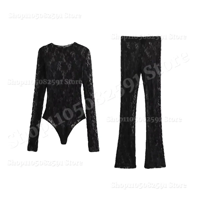 

Slim Fit Lace Jumpsuit Tops & Pants Set Sexy Full Sleeve Flower Hollow Out Design O-Neck Sexy Jumpsuit Fashion High Waist Pants
