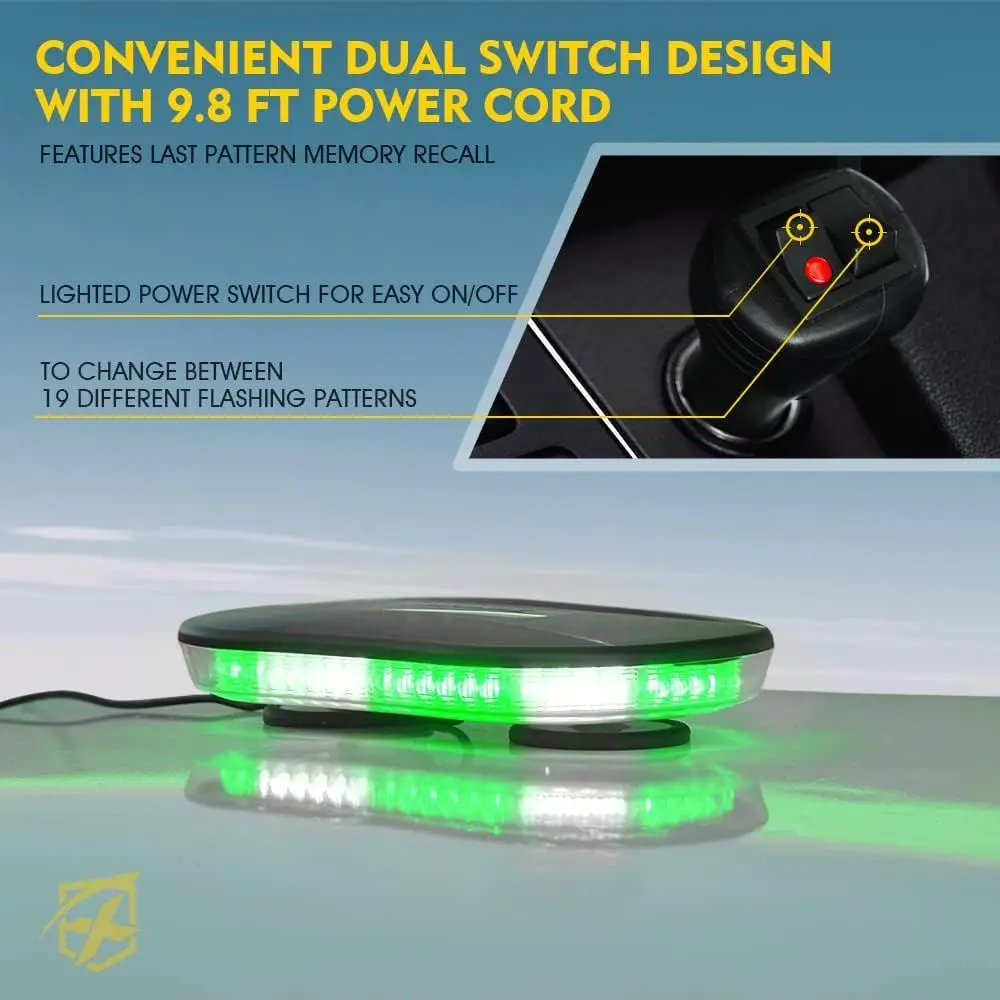 Faro stroboscopico sul tetto del veicolo di emergenza con 19 modelli flash, base magnetica, bianco e verde