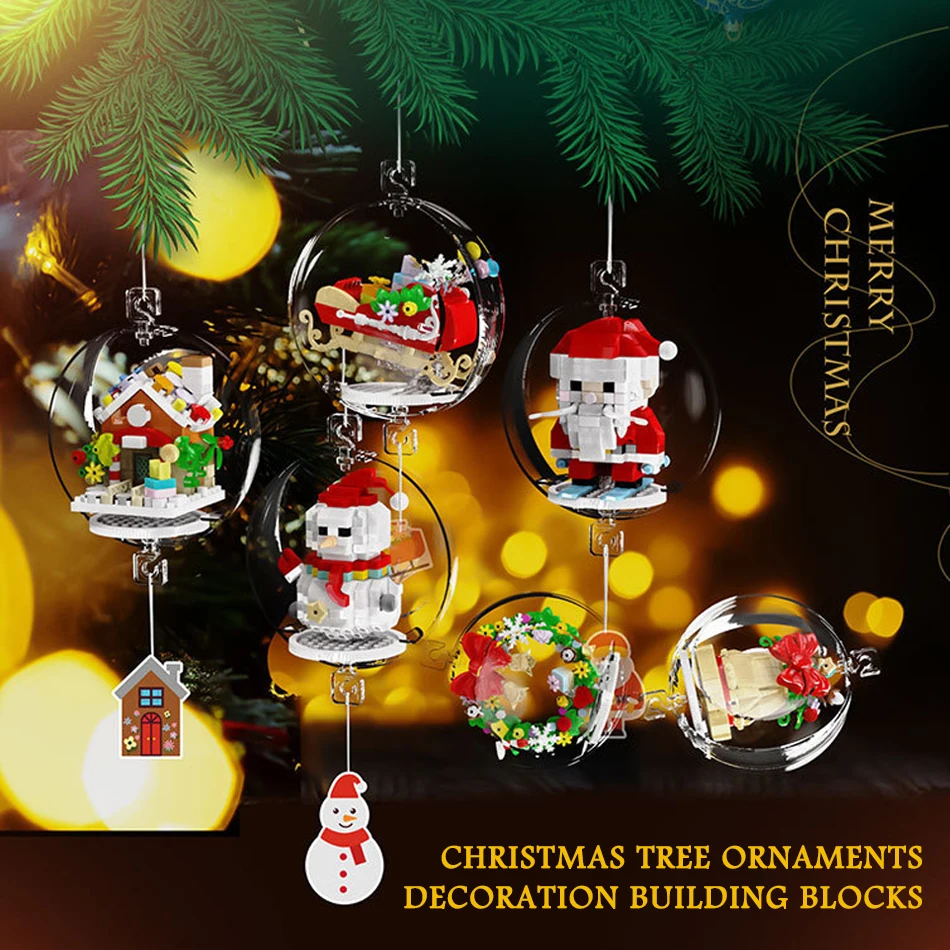 Christmas Tree Hanging Ornaments Decor Building Block Santa Claus Snowman House Wreath Sleigh Bell Mini Bricks Toy Kid Xmas Gift