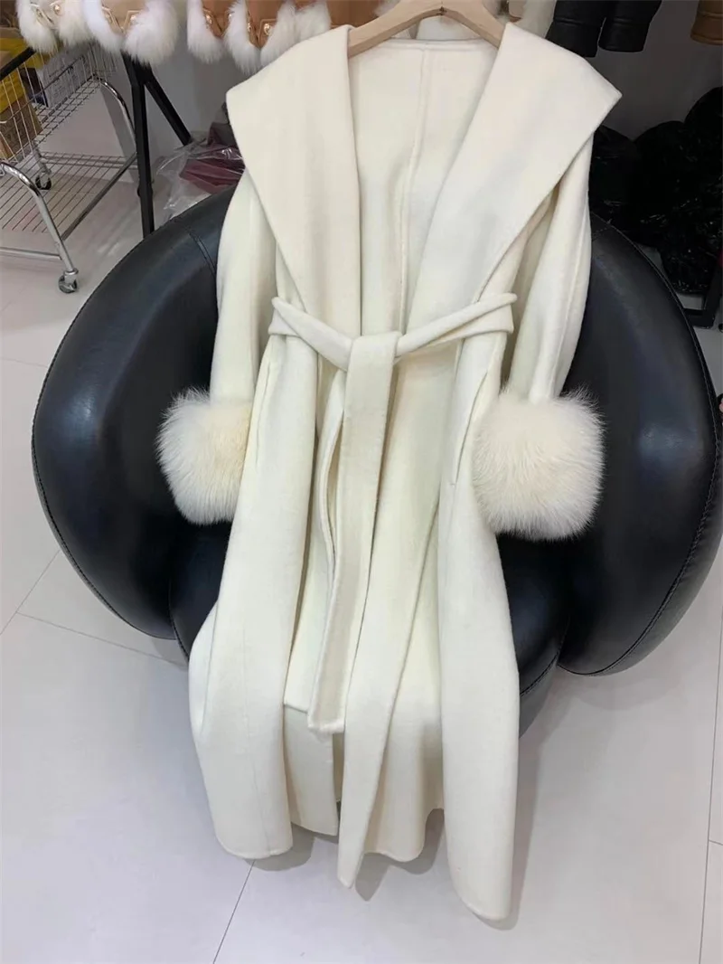 Autumn Winter Genuine Wool Fur Coat for Women Warm Long Coat Natural Fox Fur Sleeve Hot Sale Design