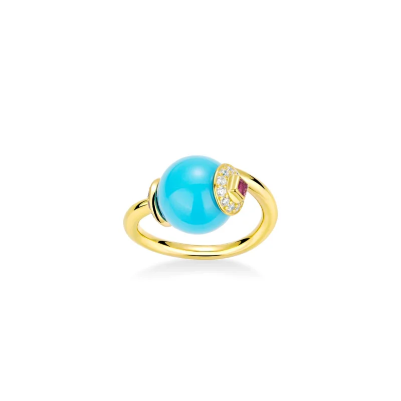 

BELLUX 925 Silver Gold Plated Synthetic Zircon Round Turquoise Blue Bead Cute Design Open Ring