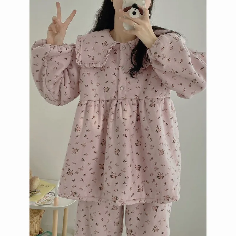 

2023 New Extra Large Floral Pajamas Women's Loose Autumn Winter Loungewear Plush Thickened Homewear Set Trend Warm Sleepwear