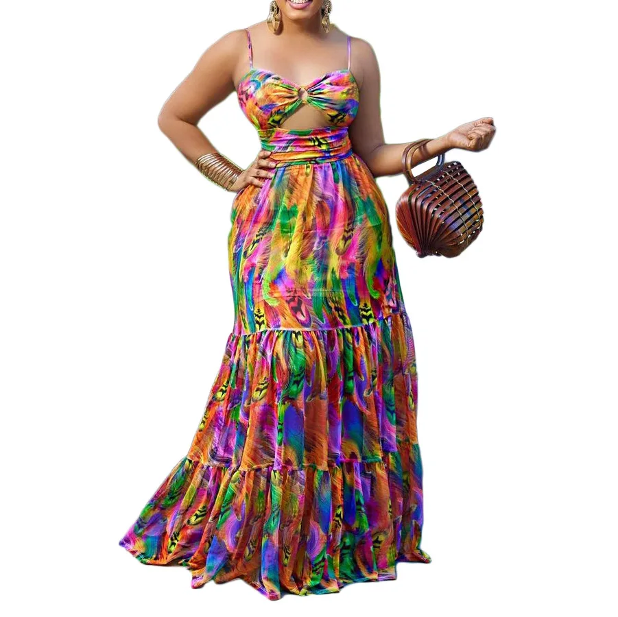 Summer Sexy African Women Sleeveless Printing Polyester Long Dress African Dresses for Women African Clothes Women S-3XL