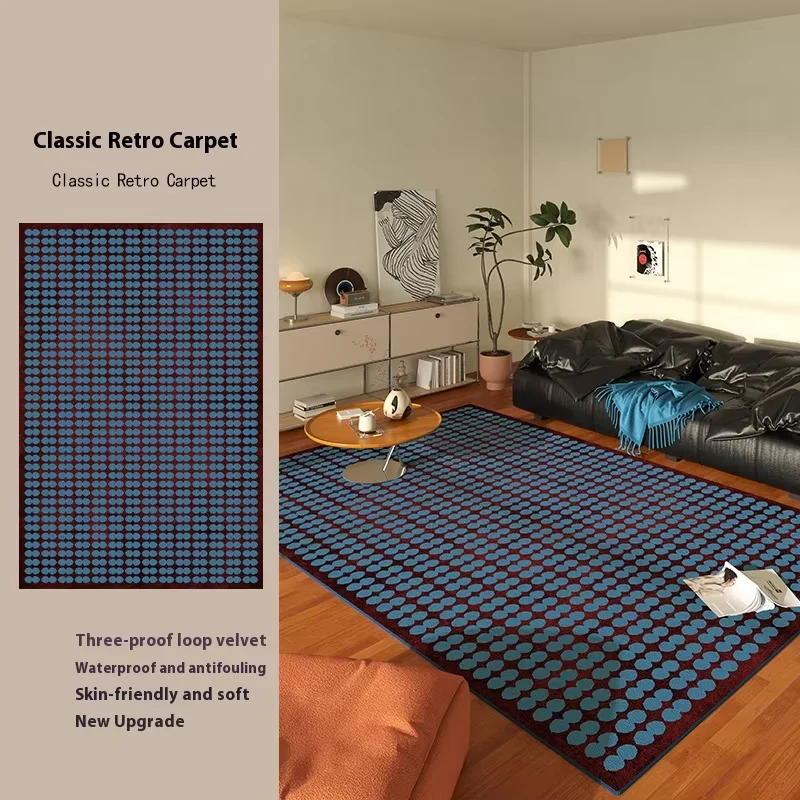 VIKAMA Retro Blue Striped Carpet, Living Room Light Luxury and High-end Feel, Sofa, Dirt-resistant Floor Mat, Home Decoration