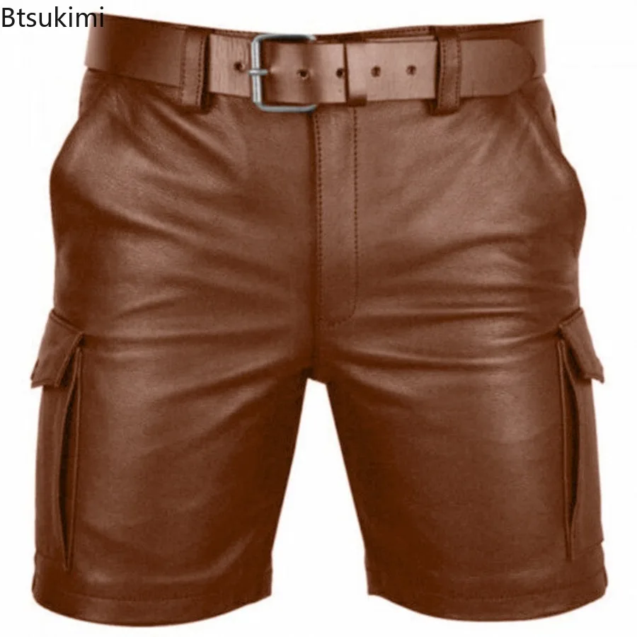 New Solid Color PU Leather Pants Fashion Casual Men's Short Leather Pants Summer Fashion Trend Club Punk Style Shorts for Men