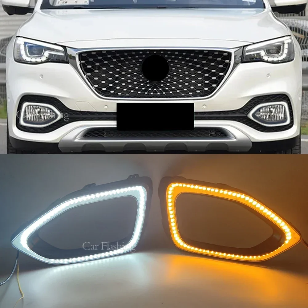 Novo! 2 pçs carro drl para mg hs 2018 2019 2020 luzes diurnas 12v led luz do dia nevoeiro lâmpada com fluindo sinal de volta amarelo