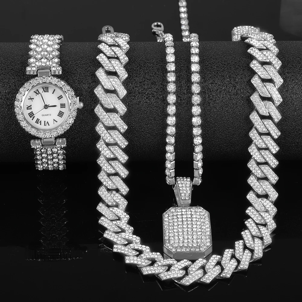 Conjunto de reloj de plata Punk de Hip-hop para mujer, elegante reloj con incrustaciones de diamantes, colgante de bloque, collar de tenis, cadena cubana, regalo de joyería de lujo