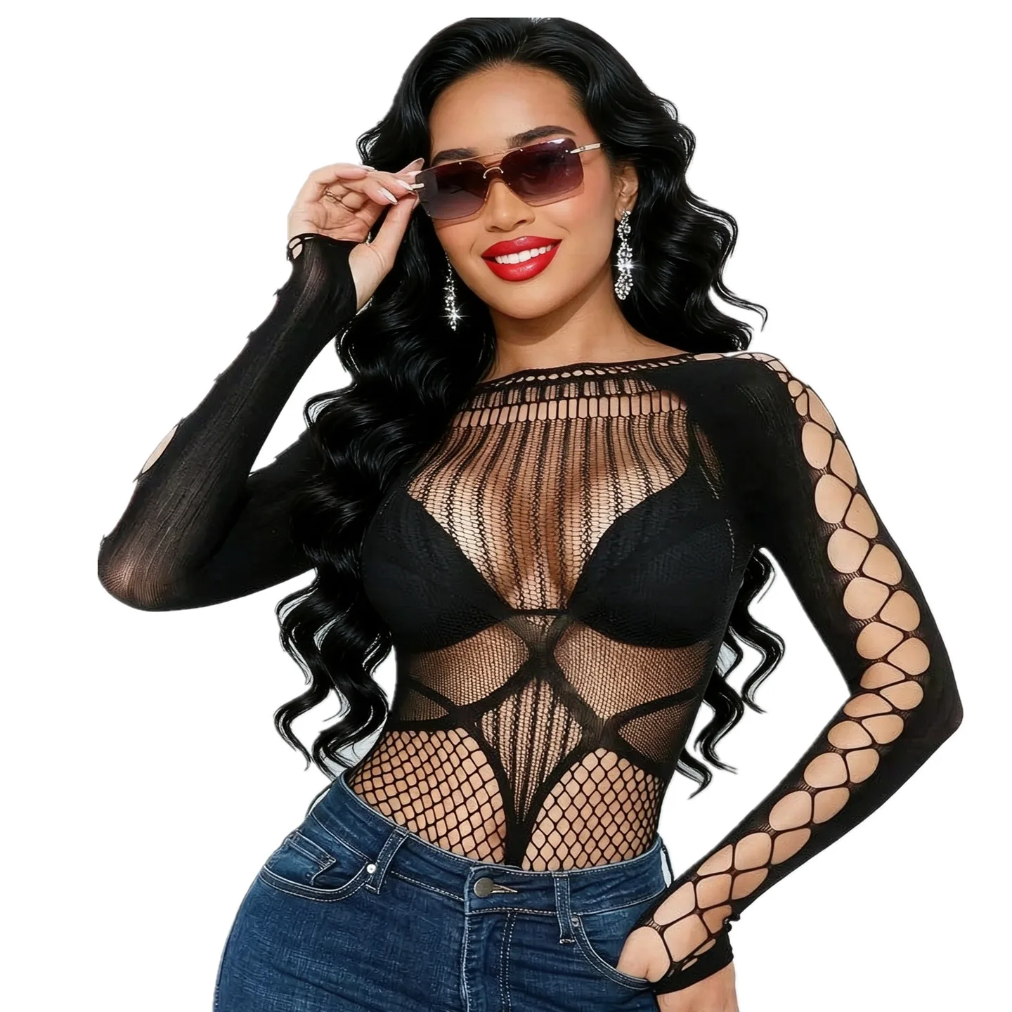 1PC Sexy Cover Up Women Bodysuit Long Sleeves Jumpsuit See Through Hollow Out for Music Festival Bodystocking