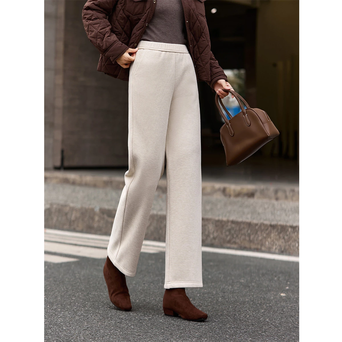 VIMLY Casual Trousers for Women 2025 Winter Fleece Lined Elastic Waist Straight Leg Long Sweatpants Warm Women Bottoms A3236