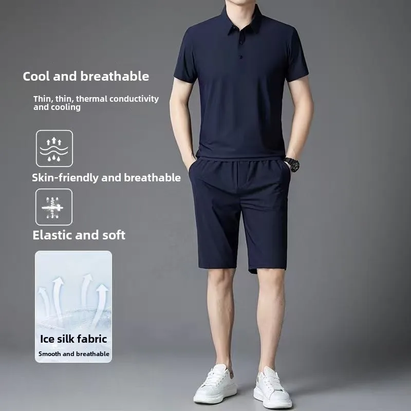 

Новый летний мужской спортивный деловой комплект для отдыха, высококачественная ткань, однотонная футболка без следов, клейкая клейкая футболка, шорты, комплект из двух предметов