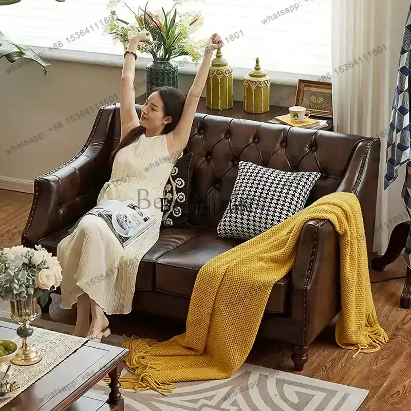 pg45American rural retro first-layer real cowhide sofa single and double three-position pull-up leather sofa