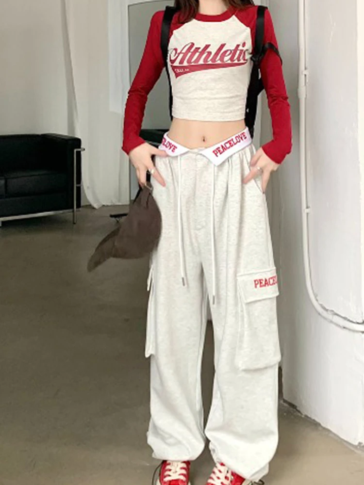 

Women Grey Cargo Pants Sweatpants Y2k Wide Leg High Waist Vintage Sports Pants Baggy Jogger Streetwear Summer Hip Hop Trousers