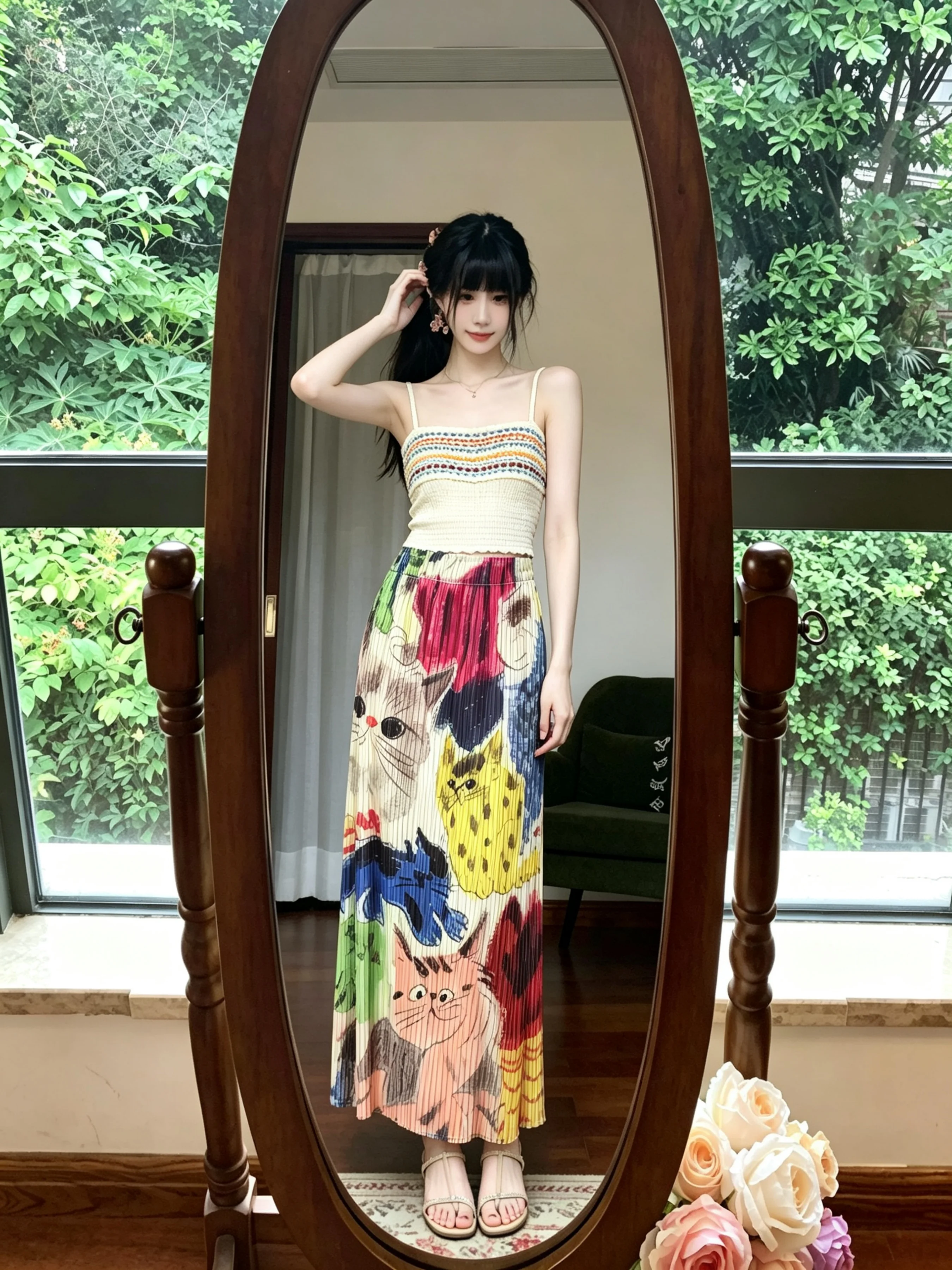 Ice Silk  Half Skirt Women's Summer Thin High Waist A-Line One-Piece Beach Island Vacation Skirt Polyester Fiber A-Line Skirt