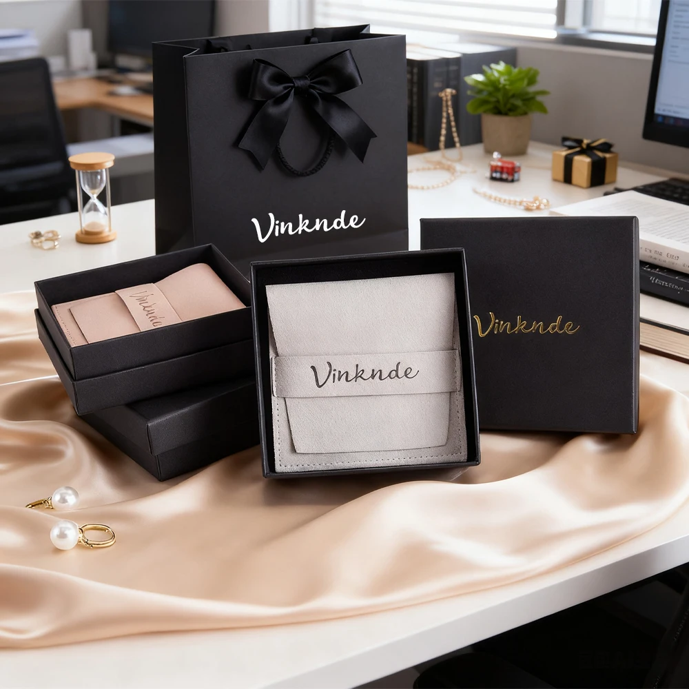 

24/50/100set Black Jewelry Box with Microfiber Envelope Pouch Bag Personalized Logo Wedding Party Travel Organizer Earring Boxes