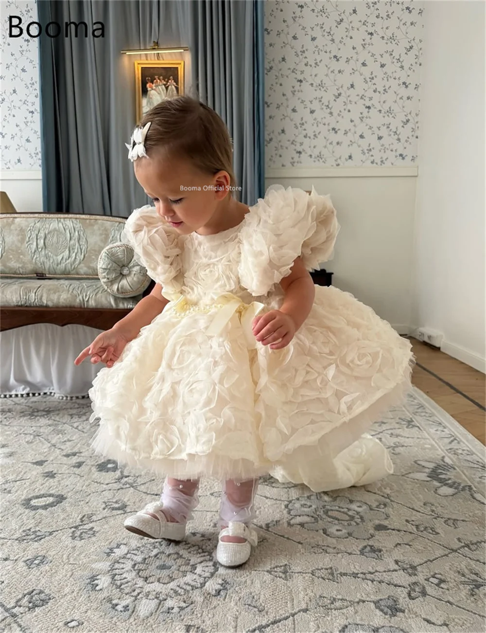 Booma a-line الزهور الأميرة س الرقبة الزهور فتاة فساتين الزفاف فستان الحفلات للأطفال مطوي الزهور الفتيات فساتين حفلات مخصصة