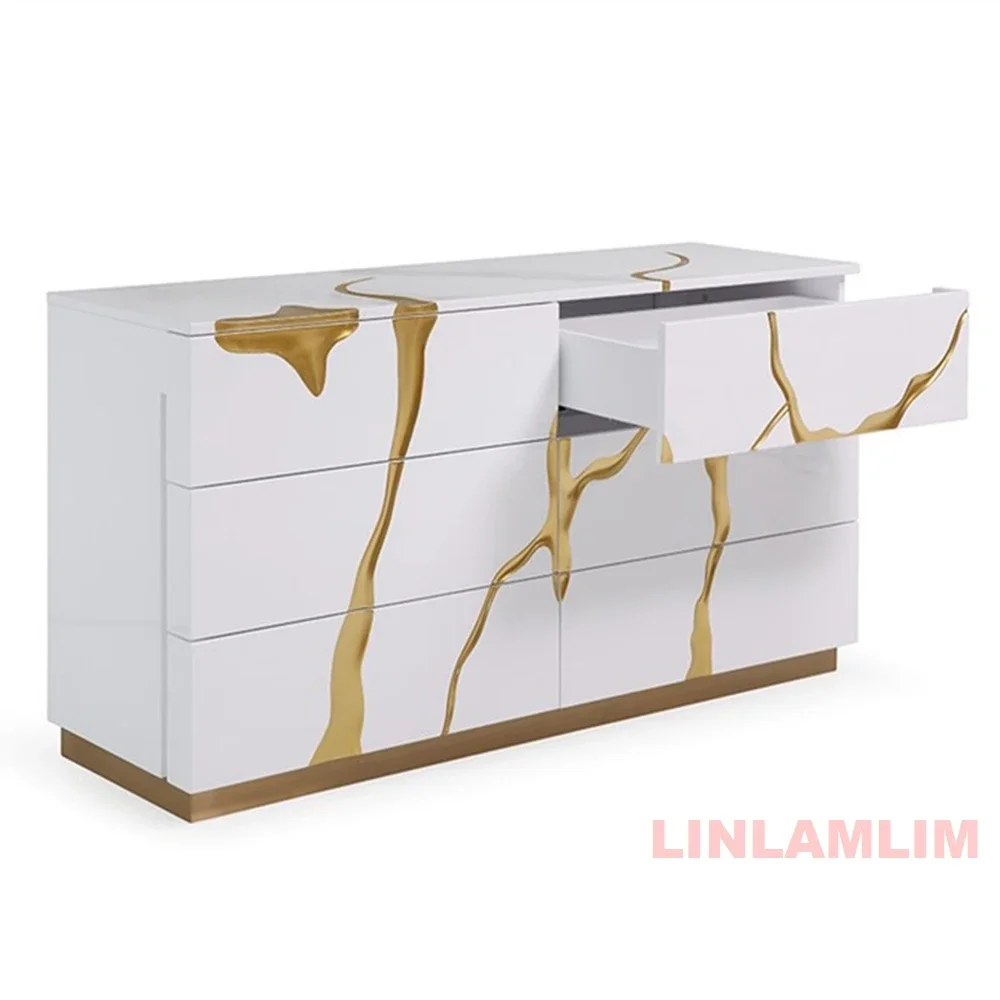 Modern Sideboard with Gold Abstract Design, White High Gloss Storage Cabinet with Multiple Drawers, Dining Room Console Table