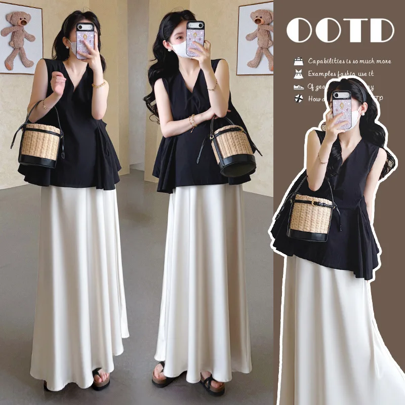 traje-de-maternidad-verano-estilo-frances-elegante-y-sofisticado-top-peplum-negro-sin-mangas-y-falda-larga-de-saten-para-mujeres-embarazadas-2026