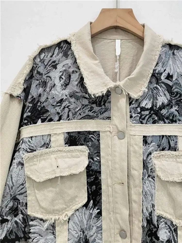 Vintage Trendy Women's Patchwork Print Loose Coat  Summer Fashion Turn-down Collar Long Sleeves Jacket Female