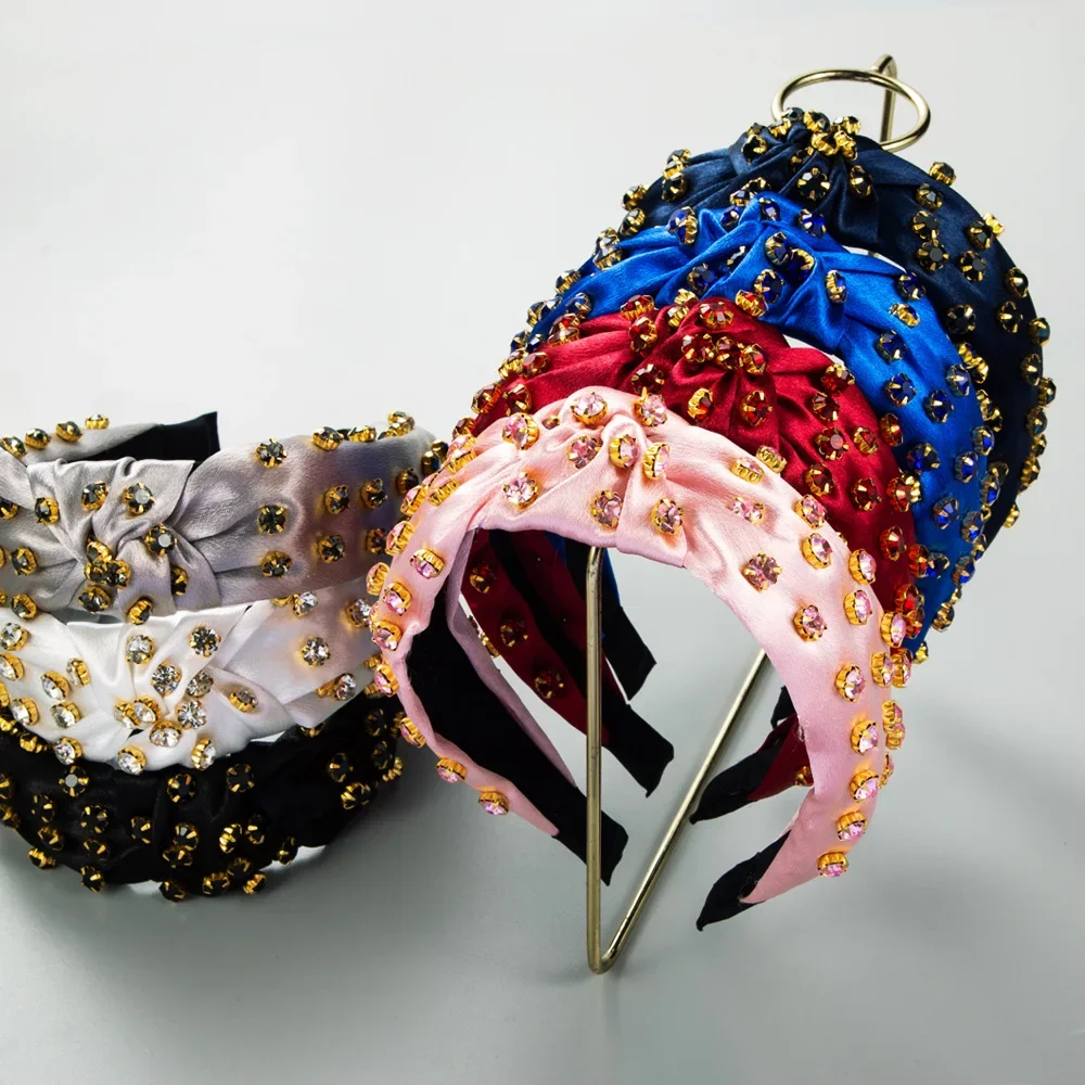 

Vintage Twisted Knot Crystal Rhinestone Headband Elegant Satin Sheen Padded Hair Band Festive Banquet Headwear Accessories