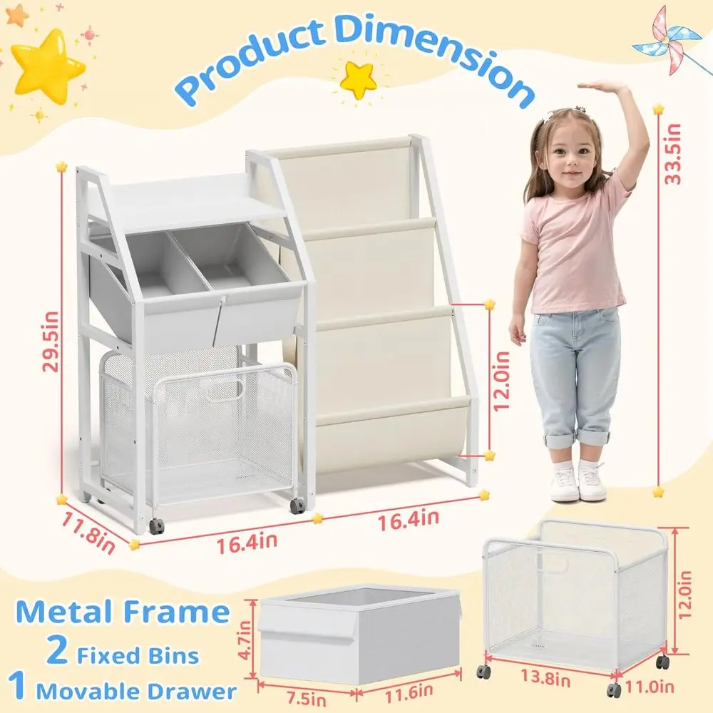 Estantería para niños y organizador de almacenamiento de juguetes, estantería para libros de 3 niveles para habitaciones de niños con cajón móvil, estantería para niños con 2 contenedores de juguetes, T