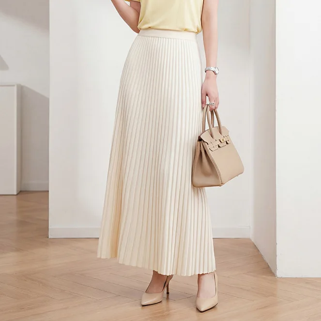 

Women's Beige Satin Ribbed Pleated Maxi Skirt High Waist Elastic Waistband Flared Midi A-line Skirt Minimalist Office Lady Wear
