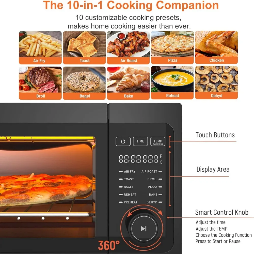 Air Fryer Toaster Oven Combo - Fabuletta 10-in-1 Countertop Convection Oven 1800W, Flip Up & Away Capability for Storage Space