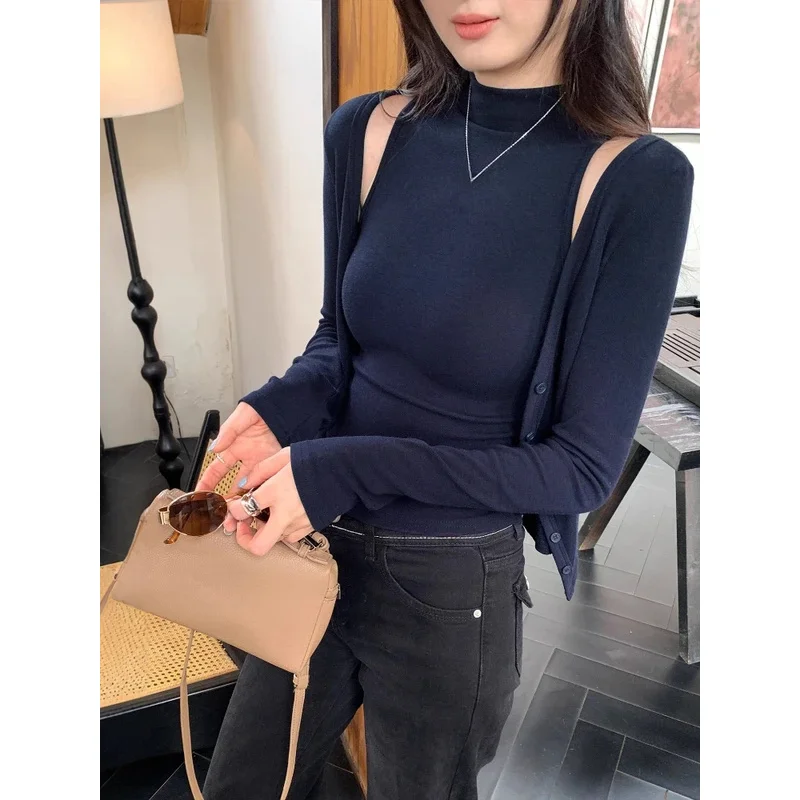 

Y2k Aesthetic Two Piece Set Solid Single Breasted Cardigan + Harajuku Half High Collar Slim Fit Vest 2026 Spring Grunge Suit