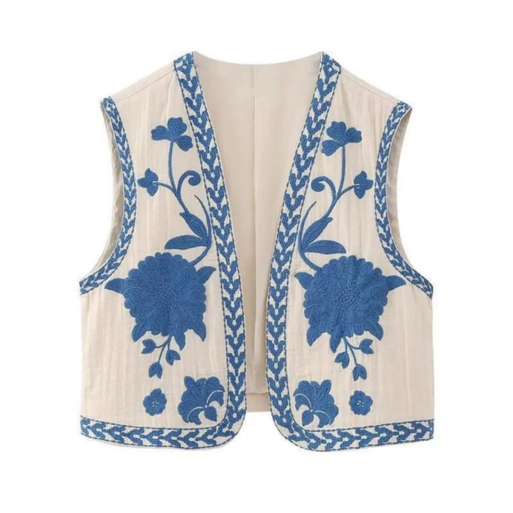 

European And American Style Women's Embroidered Short Top Takeaway Retro Sleeveless Cardigan Contrasting Color Vest