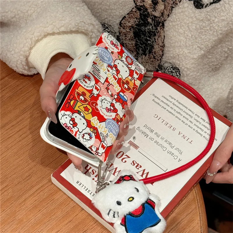 Flip leather case with pendant 3D doll Hello Kitty Sanrio Phone Soft Case for IPhone 13 14 15 16 Pro Y2k Girl Phone Case Cover