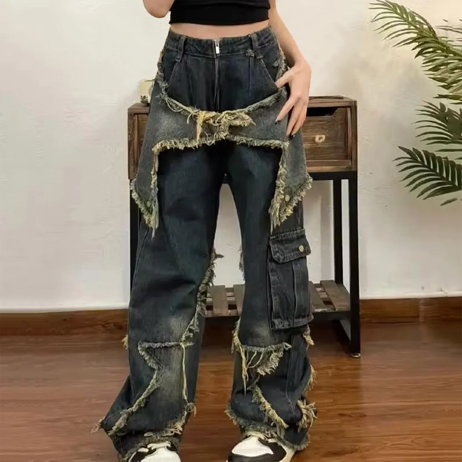 Casual Loose Fit Fading Wide Leg Denim Pants Distressed Ripped Star Splicing Jeans Streetwear Fashion Cargo Pants for Women