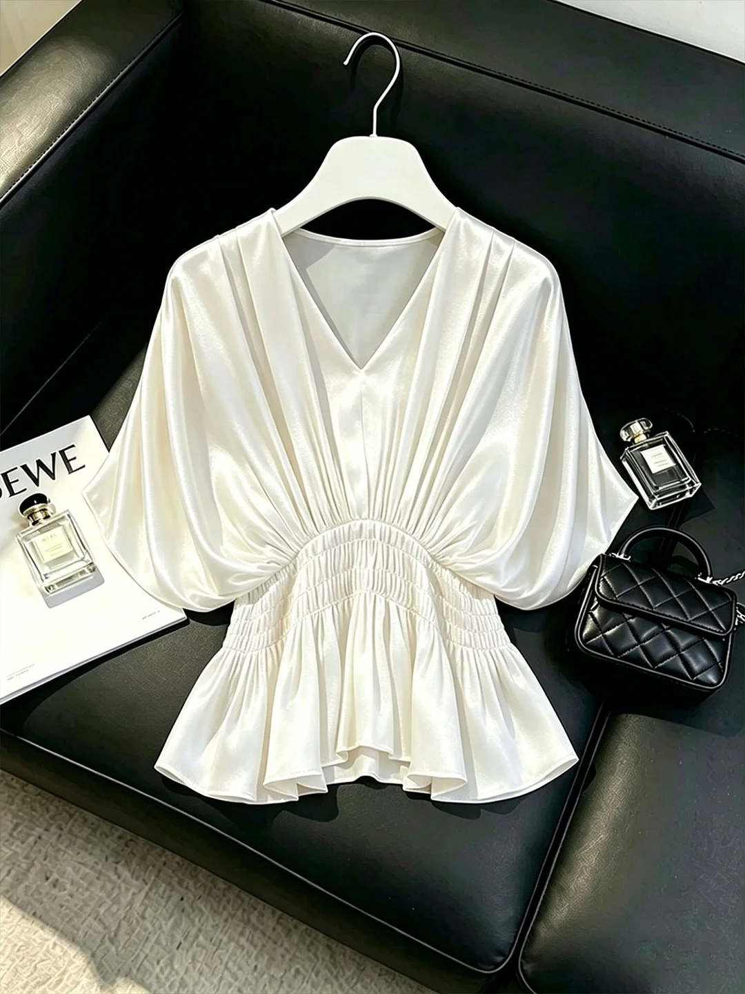 

Elegant Pure Color V-Neck Shirt Women's Slim Fit Top Beautiful Korean Style Silk Blend Summer Fashion Casual Shirt
