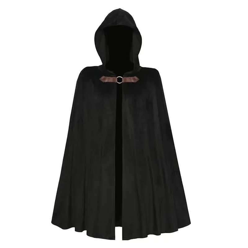 

Medieval Black Hooded Cloak Halloween Retro Battle Warrior Cosplay Costume Cape Adults and Kids Dress Up Costume