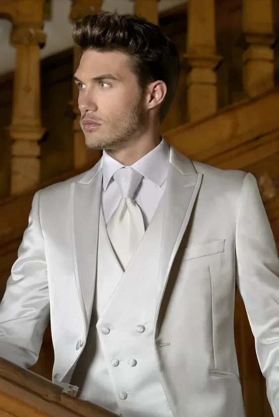 Italian White Satin Double Breasted Men Suit Wedding Suits For Men Slim Fit 3 Piece Classic Tuxedo Custom Groom Prom Blazer Sets