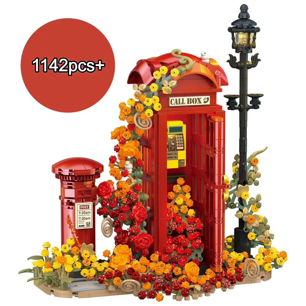 꽃 덩굴과 빛 세부 사항이 있는 창의적인 빈티지 우체통 빌딩 블록 DIY 모델 조립 벽돌 크리스마스 생일 선물