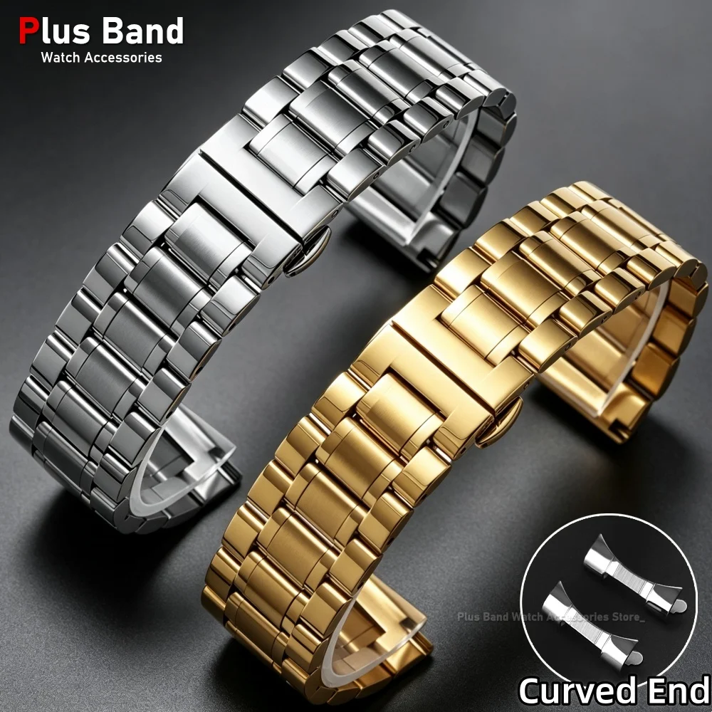 Curved End Stainless Steel Strap 12/14/16/17/18/19/20/21/22/23/24mm Universal Replace WatchBand Butterfly Buckle Metal Bracelet