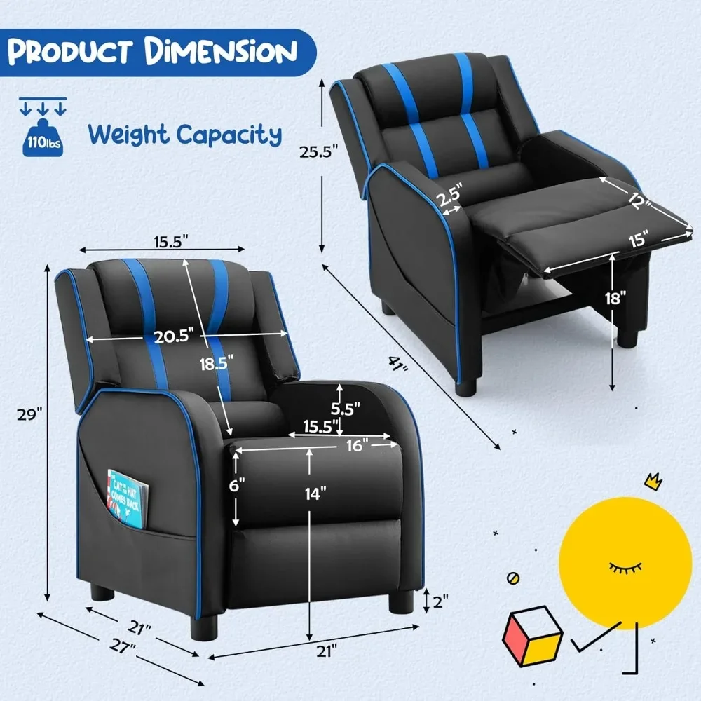 Kinderfauteuil, gamingfauteuil met zijvakken, voetsteun, hoofdsteun en lendensteun voor kinderkamer en speelkamer