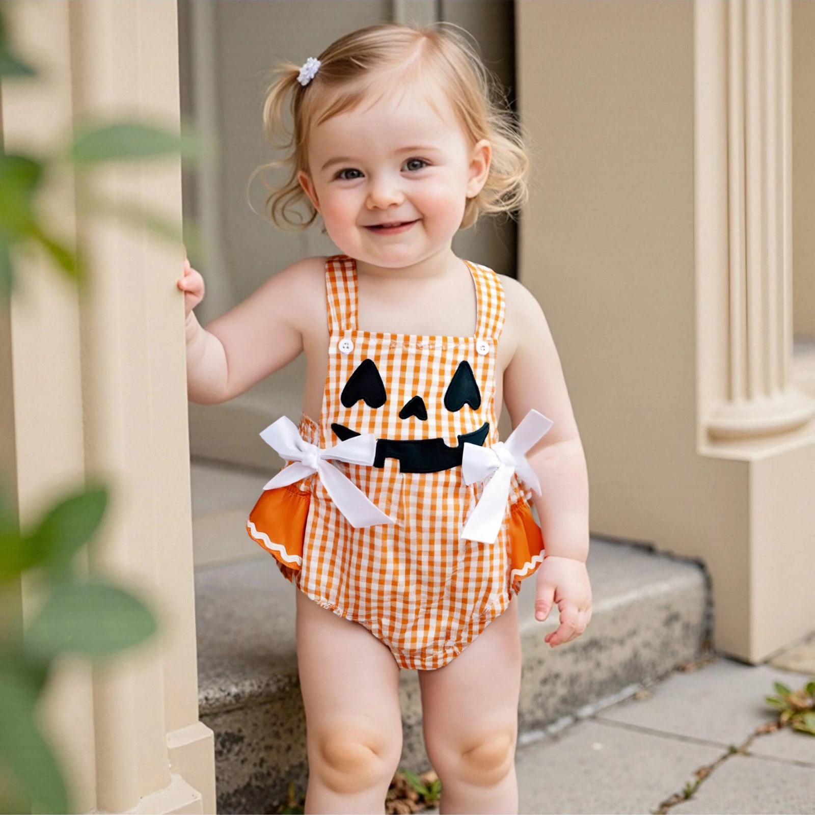 Tregren 0-18M Infant Baby Girls Halloween Rompers Sleeveless Square Neck Pumpkin Plaid Print Bodysuit Newborn Playsuit Clothes
