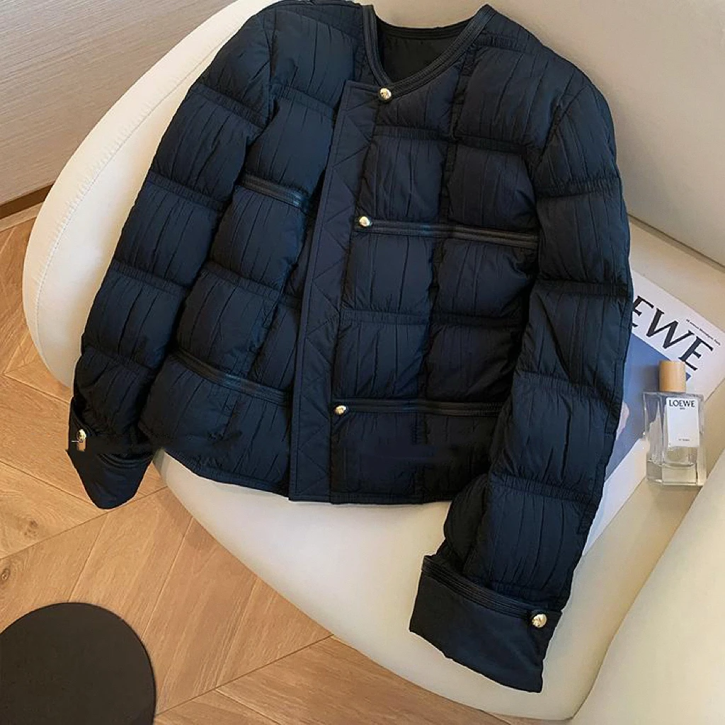 

Black Winter Cotton Jacket For Women Round Neck Single Breasted Long Sleeved Top Retro All Match Commuting Coats