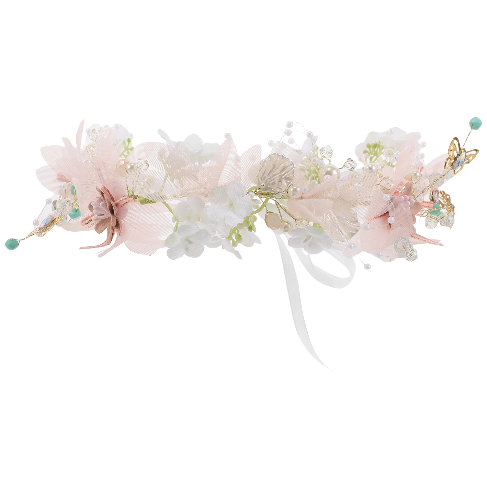 

Elegant Boho Floral Garland Wedding Crown Pearls Ribbon Women Birthday Party Photo Props Floral Hair Wreath Bridesmaid Flower