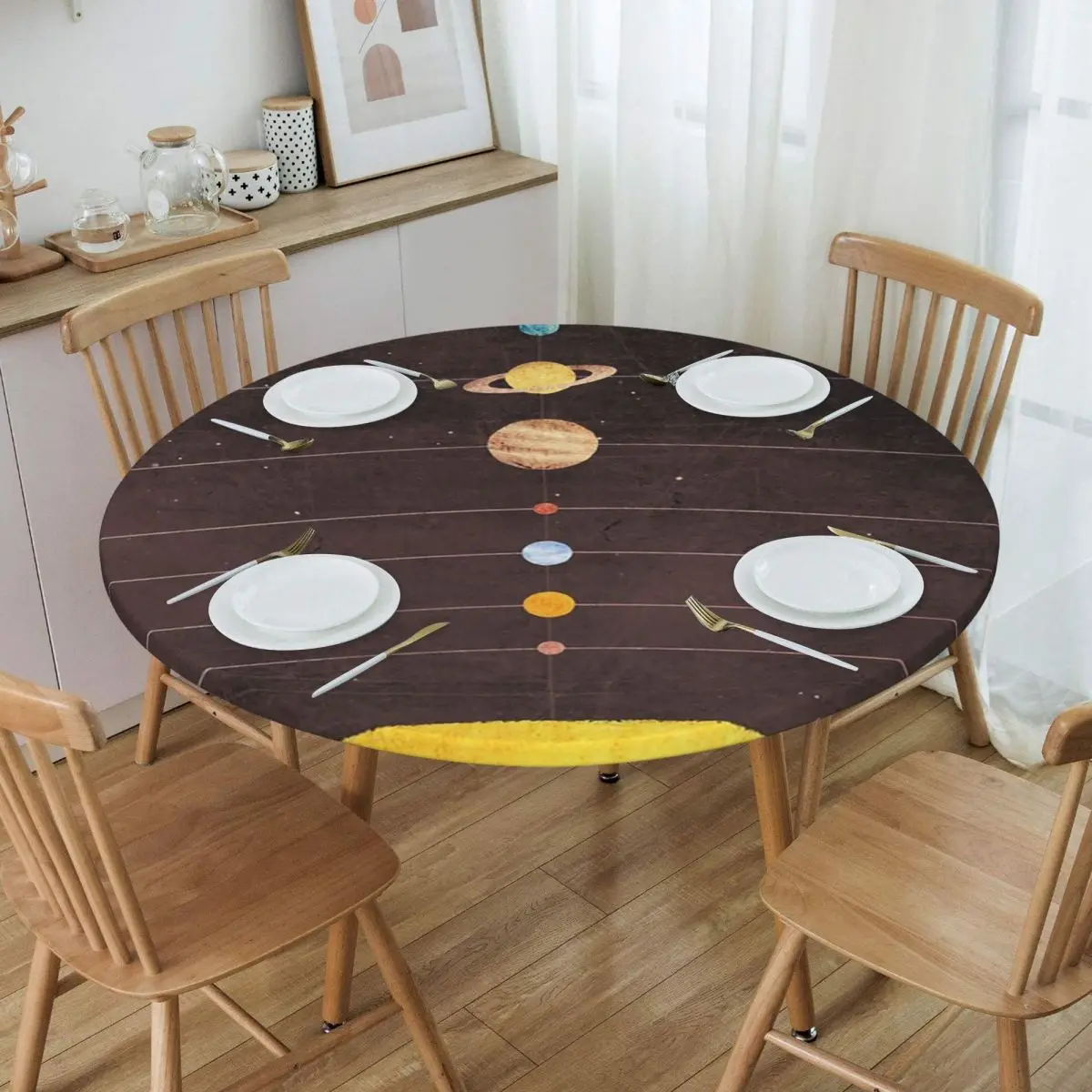Solar System Waterproof Round Tablecloth Oilproof Table Cloth for Kitchen Events Dining Table Cover