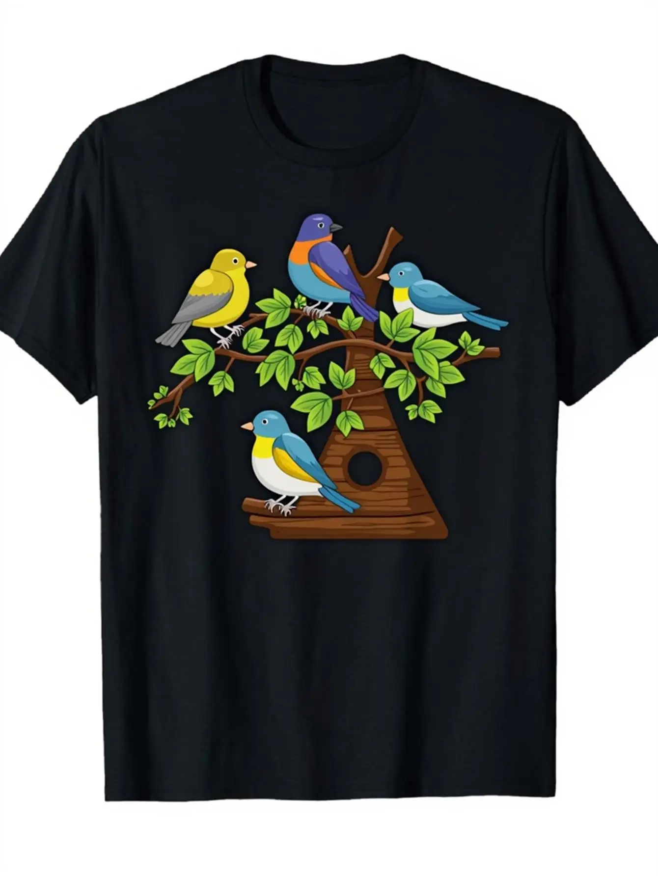 Vintage Men's Black Graphic T-Shirt Colorful Birds Tree Branch Birdhouse Nature Illustration Print 100% Cotton Heavyweight Short Sleeve Casual Streetwear Tee