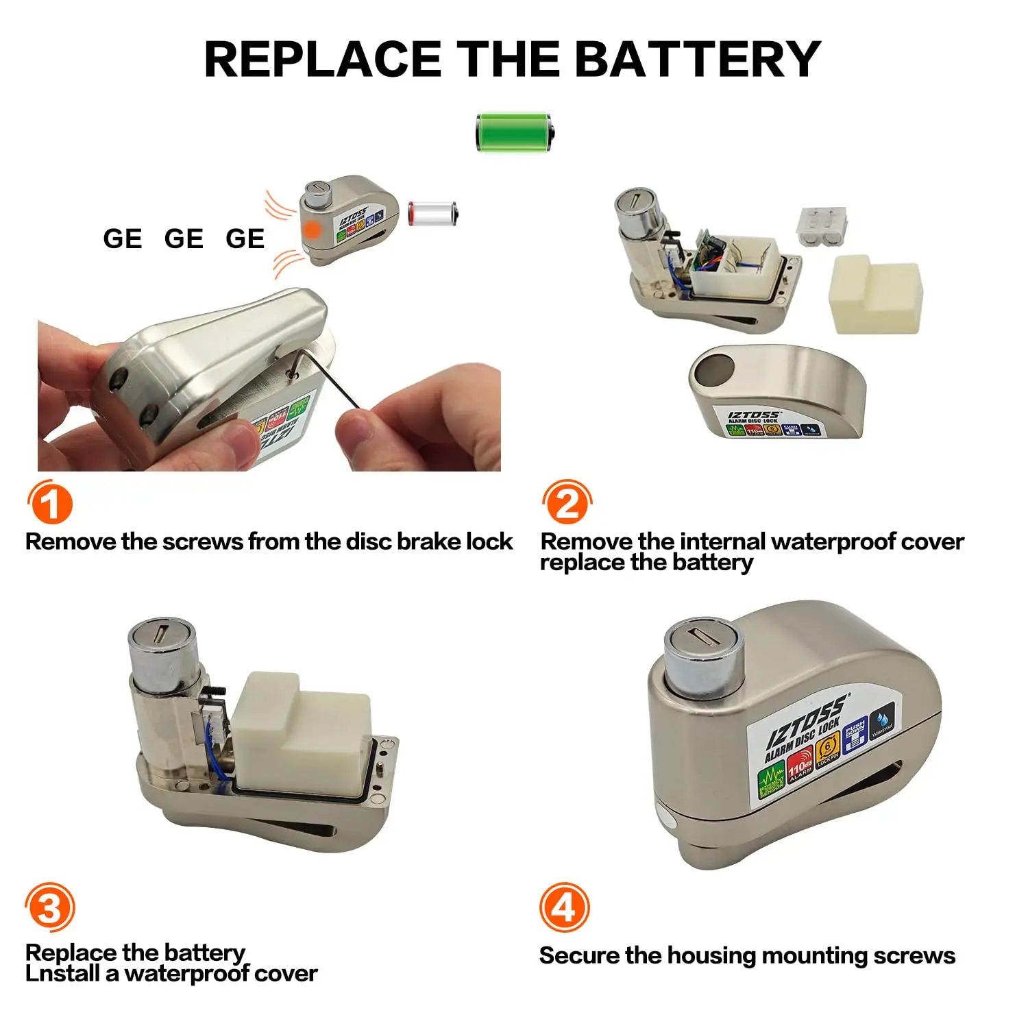 IZTOSS オートバイアラームディスクロック盗難防止ディスクブレーキロック防水 110 dB 7 ミリメートルピン 4 フィートリマインダーケーブルモーター自転車用