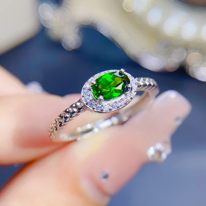 Natural diopside ring, 925 silver, crystal clear, dark green, luxurious style,