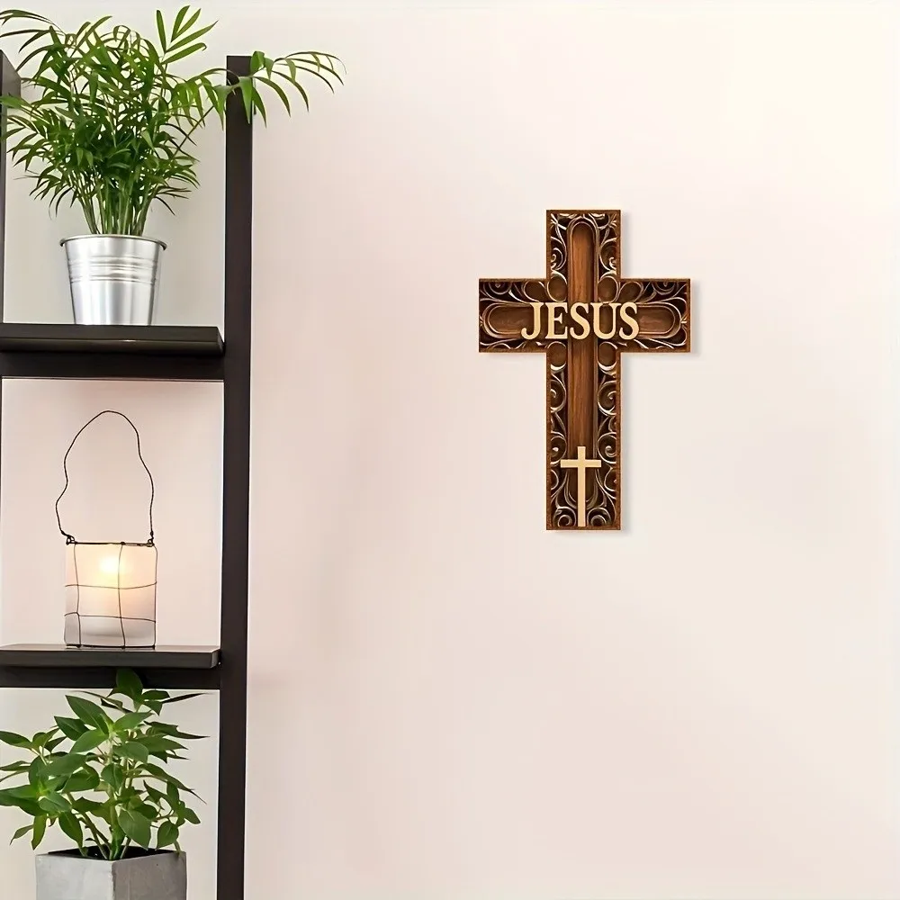 12 x 8 Inch Cross Wall Decor 2D Wooden Wall Mounted Cross Inspirational Faith Love Blessed Christians Cross Sign