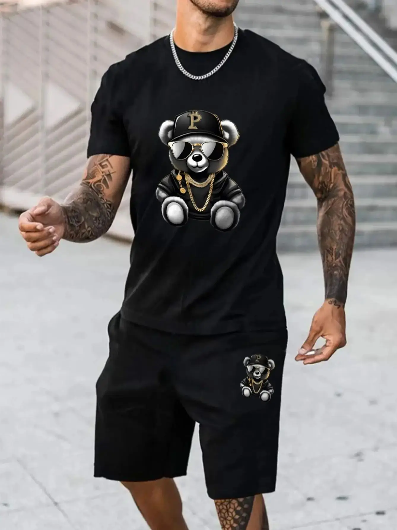 

2025 summer new men's suit sunglasses bear print short-sleeved round neck T-shirt summer leisure outdoor comfort clothing