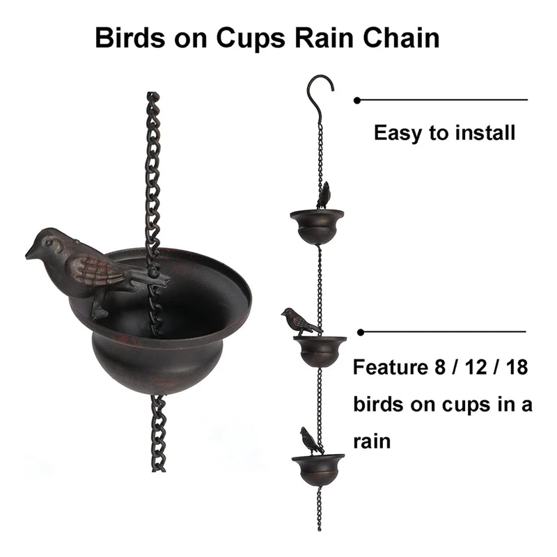 1 PCS Rain Chains For Gutters Mobile Birds On Cups Rain Chimes 7.8Ft Rain Chimes With Attached Hanger And Birds