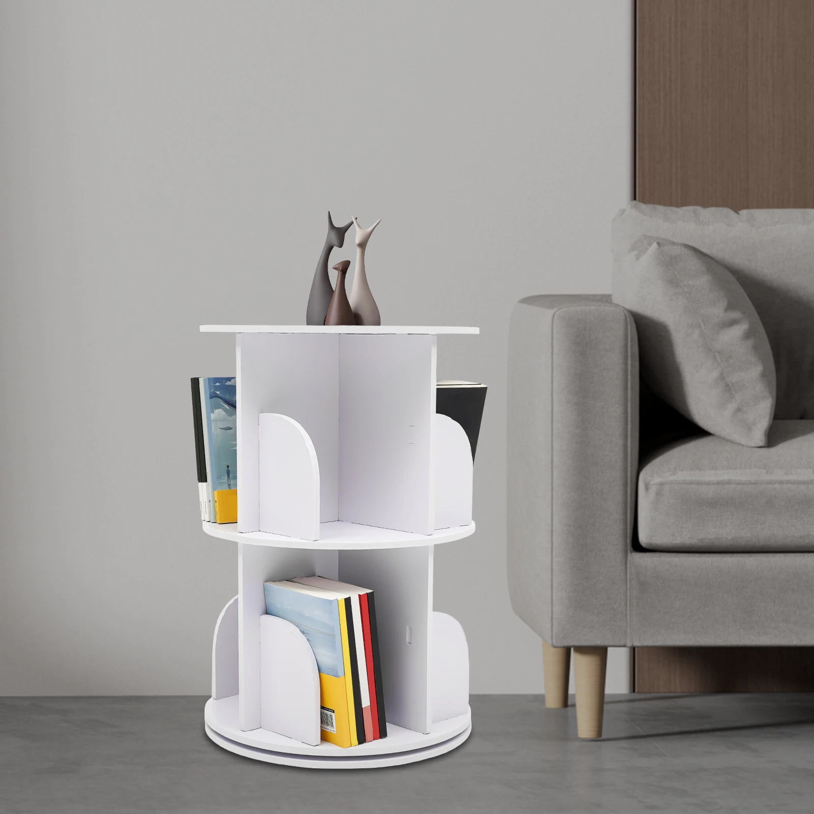 

2 Layers 360° Rotating Bookshelves, Freestanding Storage Shelf Nordic Style Bookshelf Organizer Storage Shelves Shelf (White)