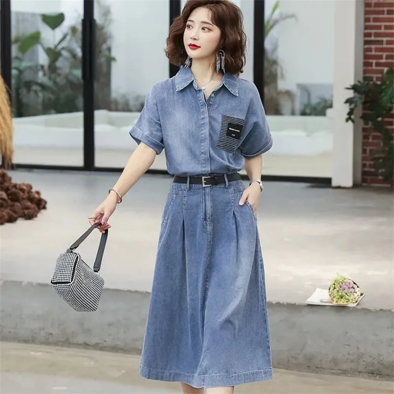 Short Sleeve Denim Shirt Dress 2023 Fashion Simple Summer Ladies Slim Denim A-Line Dress Elegant Temperament Casual Female Dress