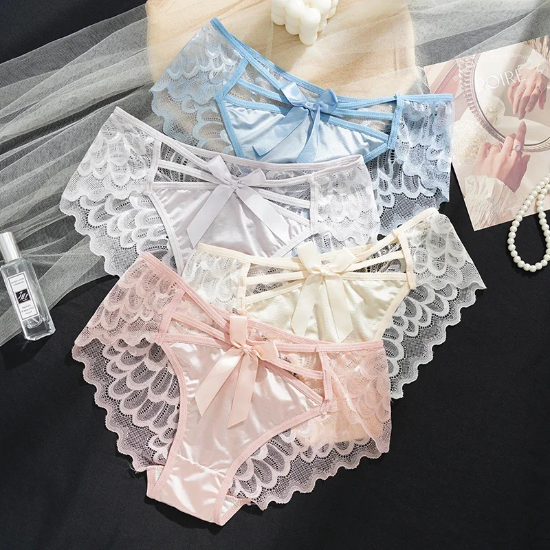 Bragas sexis de encaje para mujer, lencería de mariposa, calzoncillos para mujer, calzoncillos de seda helada, ropa interior transparente de cintura baja calada para mujer